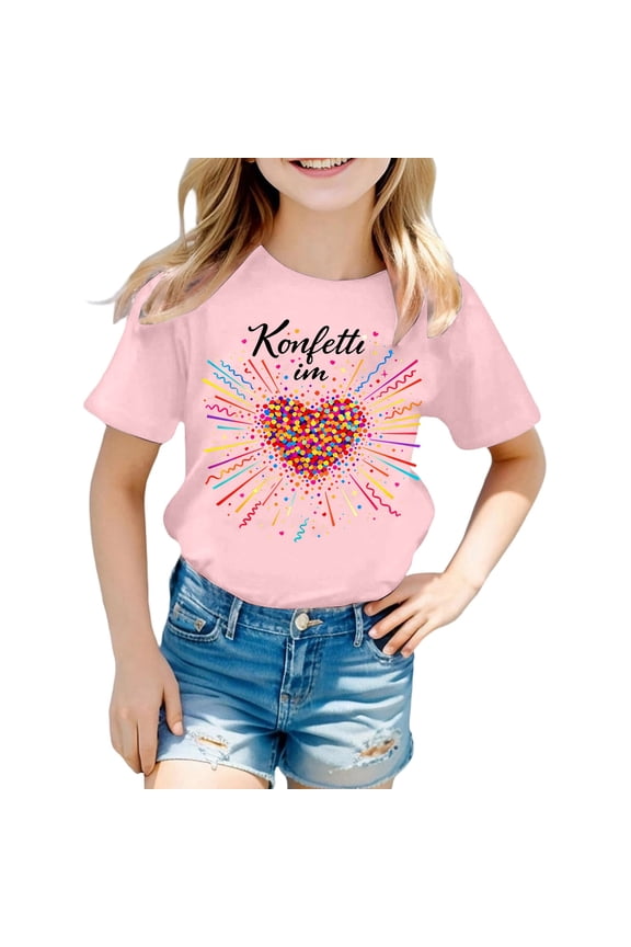 Girls Tops Size 1-2 Years Casual Short Sleeve T Shirt With Prints Round Neck Comfortable T-Shirts For Everyday Play And School Loose Pink Graphic Tee