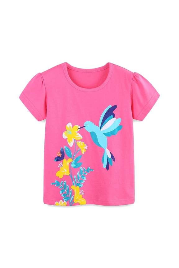 Girls Tops Size 1-2 Years Toddler Short Sleeve T Shirt Summer Bird Print Cotton T-Shirts Cute & Casual Leisure Pink Graphic Tee