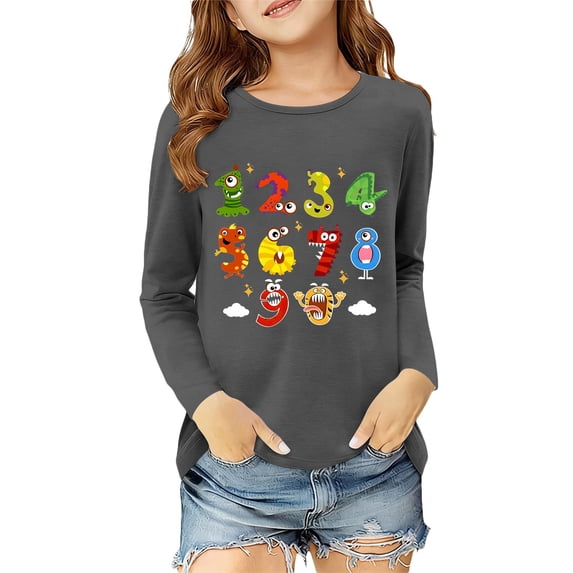 Glisme Girls Tops Size 13-14 Years Long Sleeve Graphic Tee Casual Printed T-Shirts Athletic Fit Grey Tee
