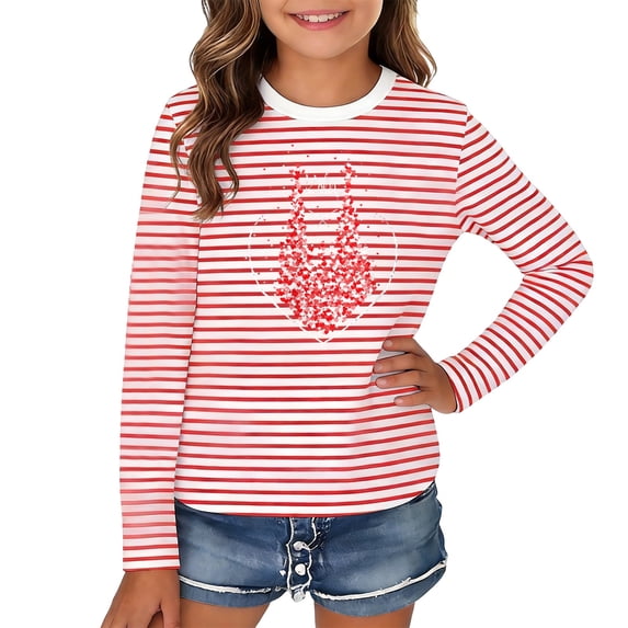 Glisme Girls Tops Size 3-4 Years Long Sleeve Stripe T-Shirts Colorful Festival Party T-Shirts Comfortable Casual For Kids Softness Red Graphic Tee