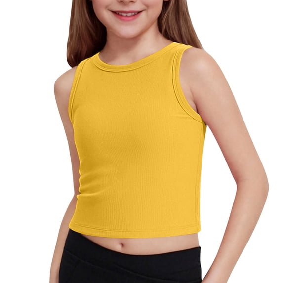 Glisme Girls Tops Size 5-6 Years Ribbed Knit Yoga Tank Sleeveless T-Shirts Summer Athletic Workout Cropped Top For Sports Fitness Basic Yellow Graphic Tee