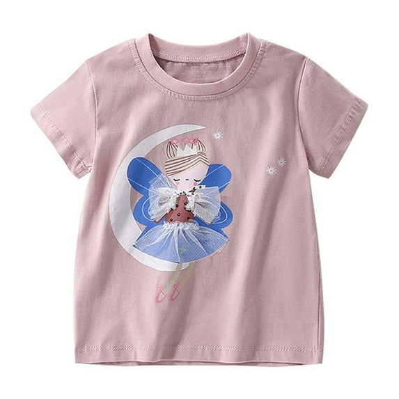 Glisme Girls Tops Size 7-8 Years Summer Short Sleeve Ballet T Shirt Round Neck Embroidered Cotton T-Shirts For Toddlers Basic Light Pink Graphic Tee