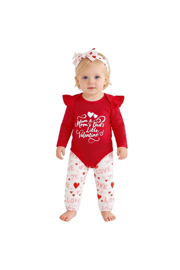 Girls Valentine'S Day Outfit Letter Print Long Sleeve Top With Heart Print Pants And Bandana 3 Piece Outfits Stylish Matching Set Size 3-6 Months Red