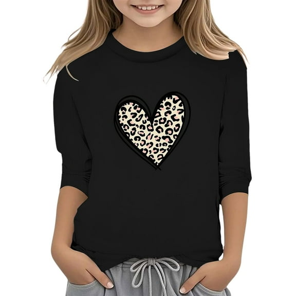 Glisme Girls Valentine'S Day T Shirt Heart Print Fashion Functional Crew Neck 3/4 Quarter Sleeve Casual T-Shirt Tee Trendy Top Size 9-10 Years Black