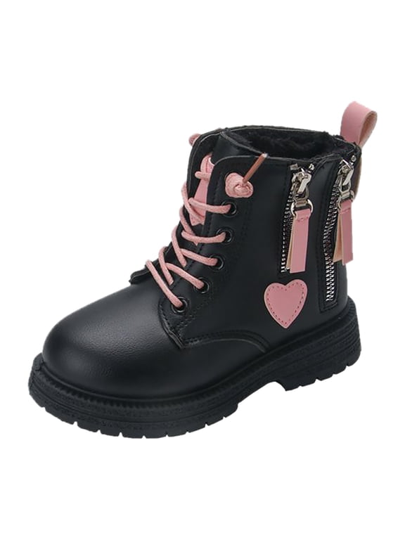 Girls Winter Girls Snow Boots Leather Lace Up Stylish Color Matching Side Zipper Boots Leisure Black Boots Size 4-4.5 Years