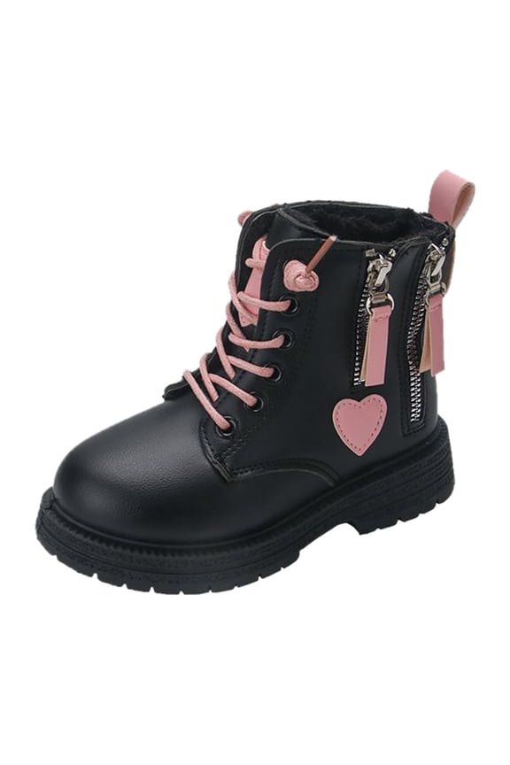 Girls Winter Girls Snow Boots Leather Lace Up Stylish Color Matching Side Zipper Boots Versatile Black Boots Size 4.5-5 Years