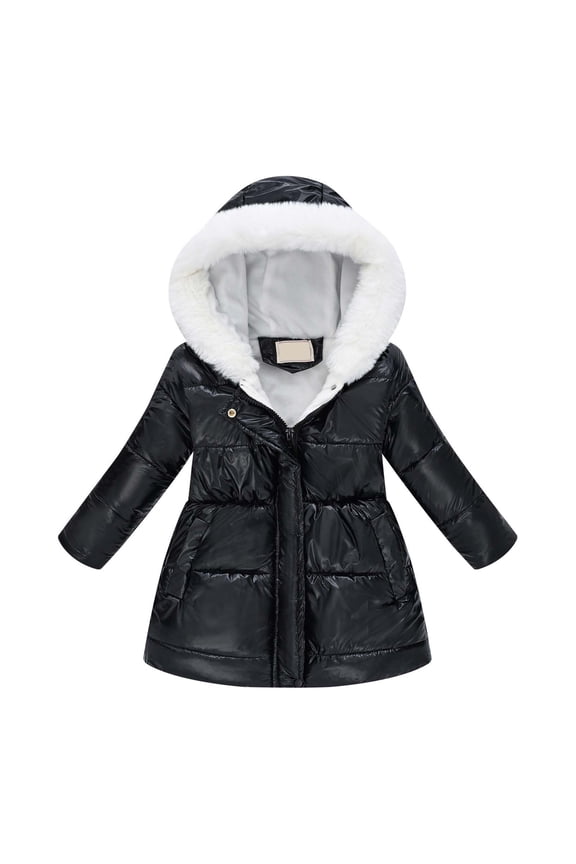 Girls Winter Jacket Hooded Coat With Trim Warm Zip Up Long Sleeve Jacket Slim Fit For Cold Weather Black Trend Outerwear Size 4-5 Years
