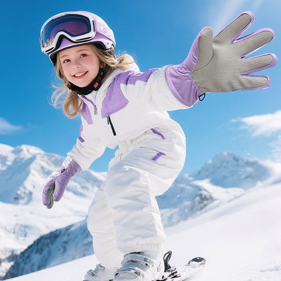 Glisme Gloves Kids Camo Ski Gloves Waterproof Windproof Thermal Anti‑Grip Full Finger Winter Snow Mittens for Boys Girls Snow Sports Purple