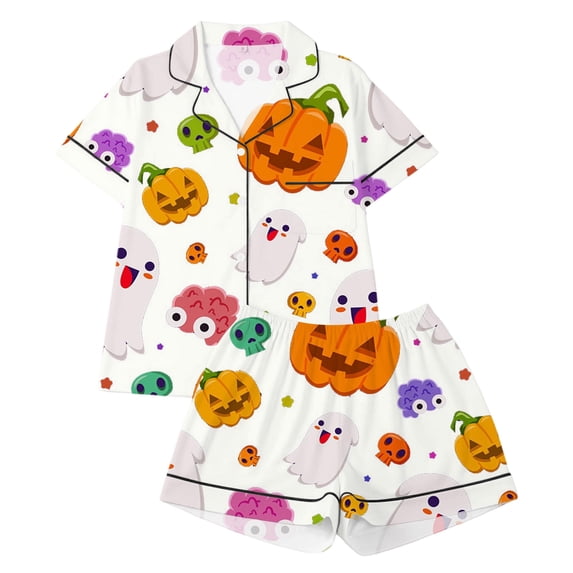 Glisme Halloween 2 Piece Big Boys Girls Nightwear Pumpkin Ghost Print Short Sleeve Notch Neck Pyjamas With Shorts Outfit Fall Soft Kids Pajamas Size 11-12 Years White
