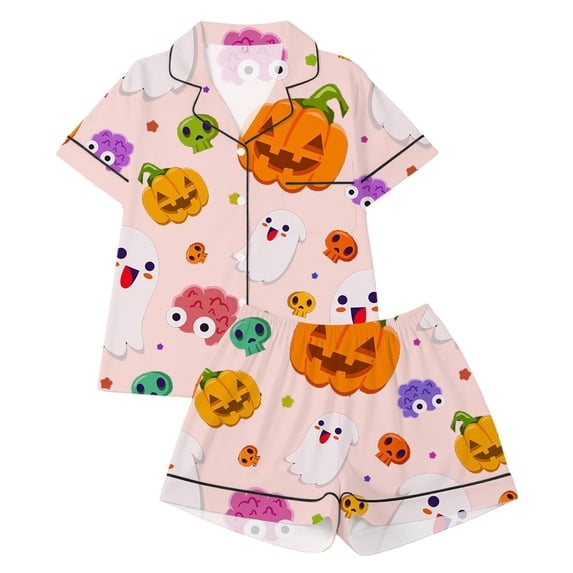 Glisme Halloween 2 Piece Big Boys Girls Pyjamas Pumpkin Ghost Print Short Sleeve Notch Neck Nightwear With Shorts Set Fall Comfortable Pajamas For Kids Size 13-14 Years Pink