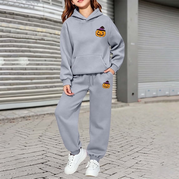Glisme Halloween Clothes For Girls Long Sleeve Hoodies Pants Crewneck Cartoon Pattern Tracksuit Classic Little Girls Outfits Grey