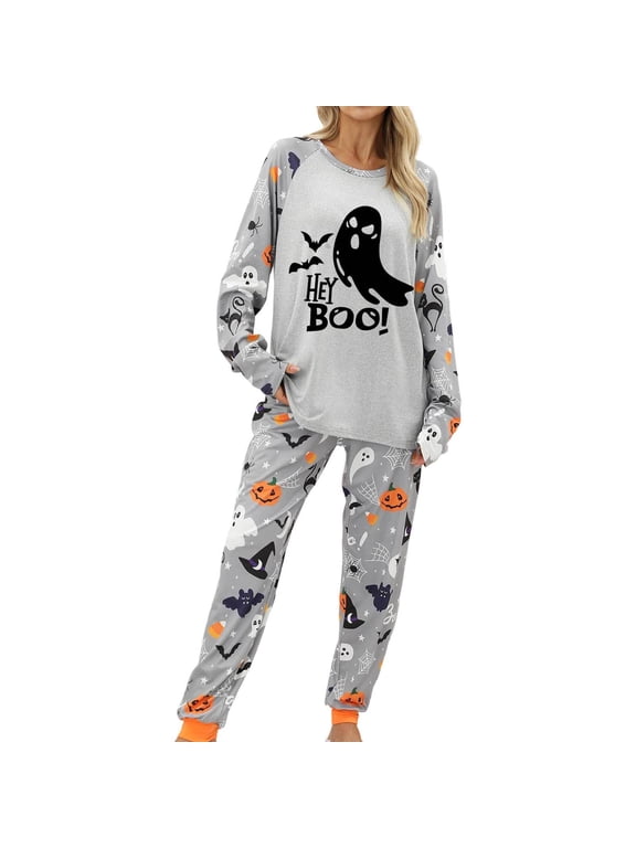 Halloween Homewear For Women 2 Piece Simple Ghost Print Long Sleeve Crew Neck Sleepwear With Pants Outfit Fall Loose Fit Women Pajamas Size L Grey