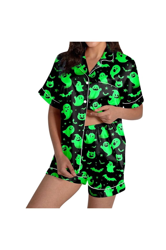 Halloween Homewear For Women 2 Piece Simple Ghost Print Short Sleeve Notch Neck Sleepwear With Shorts Outfit Summer Loose Fit Women Pajamas Size 2XL Green
