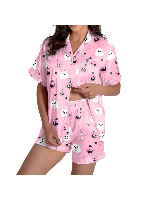 Halloween Homewear For Women 2 Piece Simple Ghost Print Short Sleeve Notch Neck Sleepwear With Shorts Outfit Summer Loose Fit Women Pajamas Size M Pink