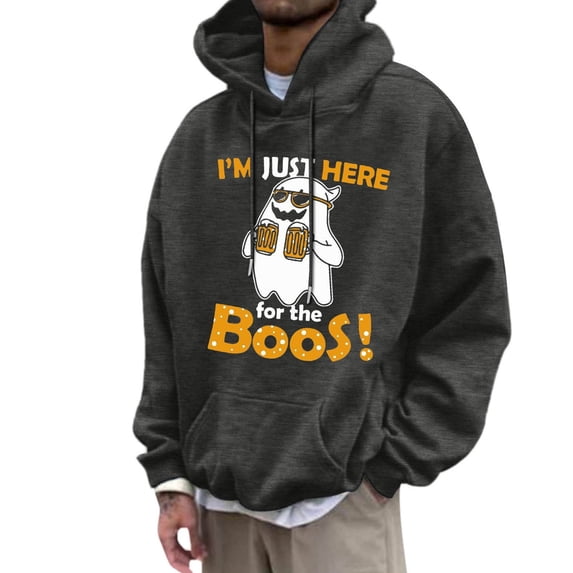 Glisme Halloween Hoodies For Men Ghost Print Long Sleeve Fall Season Tops Men Casual Sweatshirts Size L