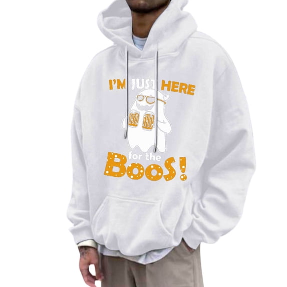 Glisme Halloween Hoodies For Men Ghost Print Long Sleeve Fall Season Tops Men Loose Fit Sweatshirts Size S