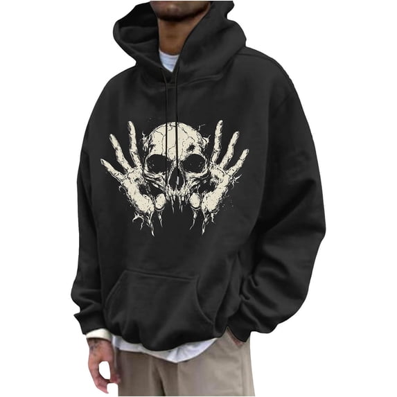 Glisme Halloween Hoodies For Men Simple Skull Print Long Sleeve Fall Season Tops Men Loose Fit Sweatshirts Size L