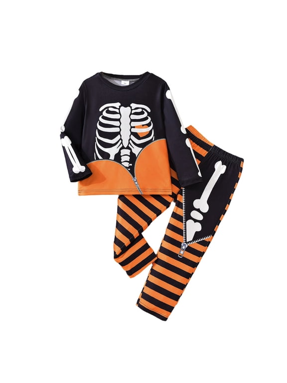 Halloween Little Boys Outfit Set Simple Skull Print Long Sleeve Crew Neck Sweatshirt With Striped Pants Set Boys Autumn Daily Breathable Outfit Size 5-6 Years Black