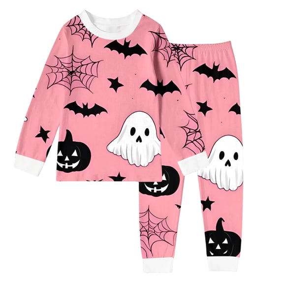 Glisme Halloween Little Girls Outfit Set Pumpkin Ghost Print Long Sleeve Crew Neck Dress With Pants Outfit Girls Fall Season Loose Fit Set Size 5-6 Years Light Pink