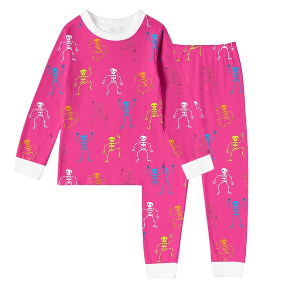 Glisme Halloween Little Girls Outfit Set Simple Skull Print Long Sleeve Crew Neck Dress With Pants Outfit Girls Fall Season Loose Fit Set Size 5-6 Years Pink