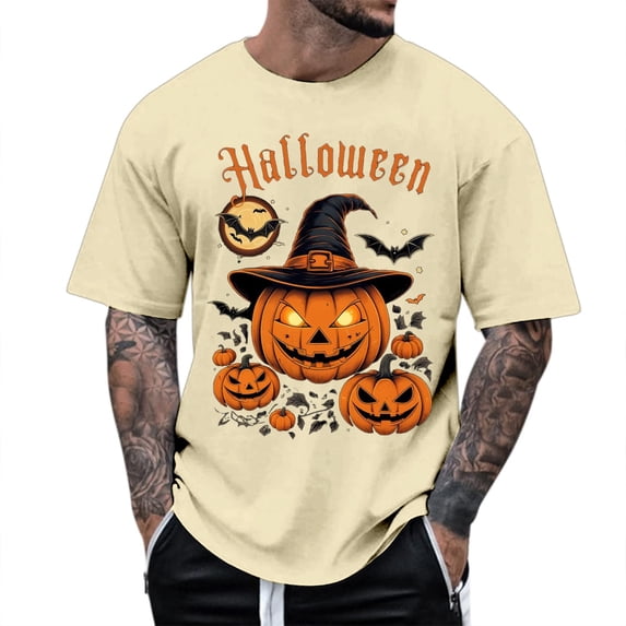 Glisme Men's Halloween T-Shirts Pumpkin Print Short Sleeve Round Neck T-Shirt Party Loose Fit Men Tops
