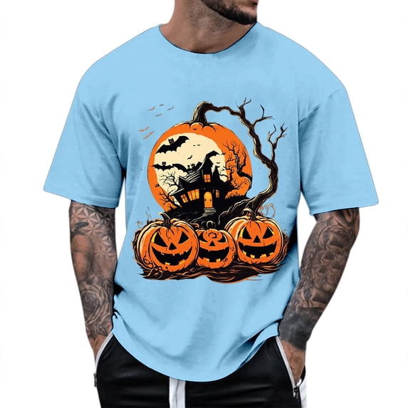 Glisme Men's Halloween T-Shirt Pumpkin Print Short Sleeve Crew Neck Tops Party Casual Men Tees