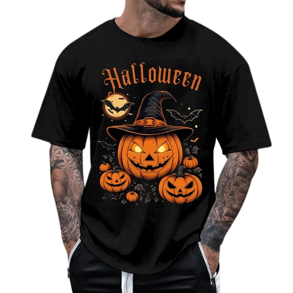 Glisme Men's Halloween T-Shirt Pumpkin Print Short Sleeve Round Neck Tops Party Casual Men Tees