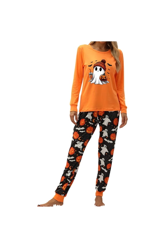 Halloween Nightwear For Women 2 Piece Simple Ghost Print Long Sleeve Crew Neck Pyjamas With Pants Outfit Fall Soft Women Pajamas Size M Orange