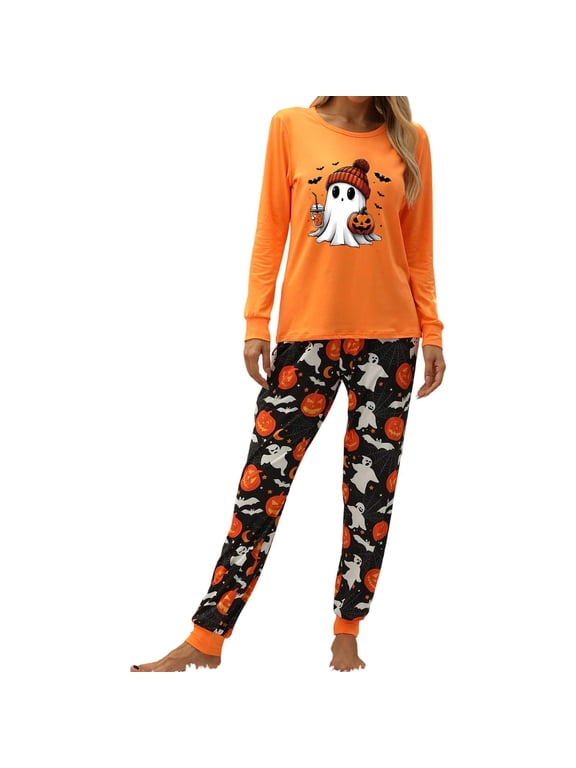 Halloween Nightwear For Women 2 Piece Simple Ghost Print Long Sleeve Crew Neck Pyjamas With Pants Outfit Fall Soft Women Pajamas Size M Orange