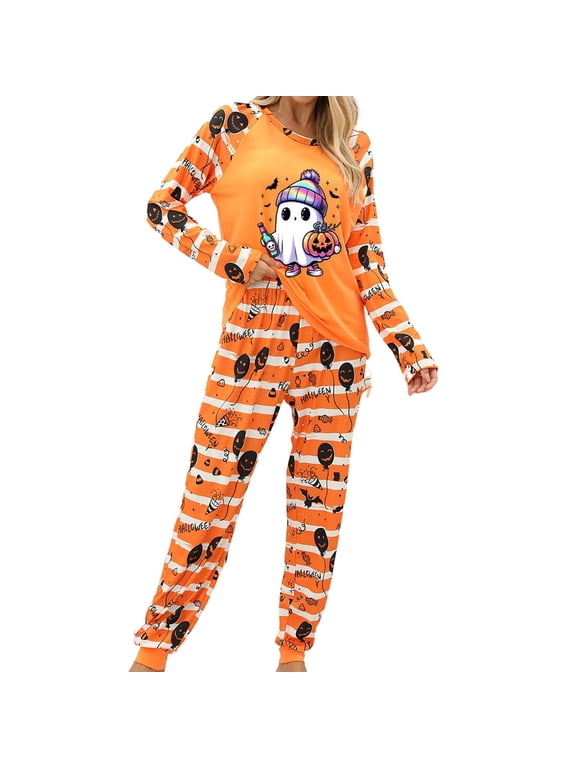 Halloween Nightwear For Women 2 Piece Simple Ghost Print Long Sleeve Crew Neck Pyjamas With Pants Outfit Fall Soft Women Pajamas Size 2XL Orange