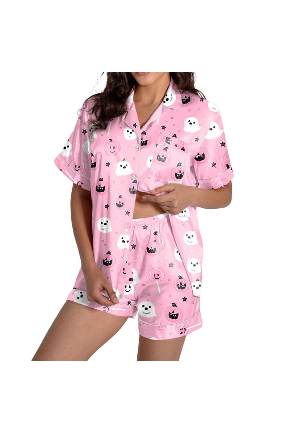 Halloween Nightwear For Women 2 Piece Simple Ghost Print Short Sleeve Notch Neck Pyjamas With Shorts Outfit Summer Soft Women Pajamas Size L Pink