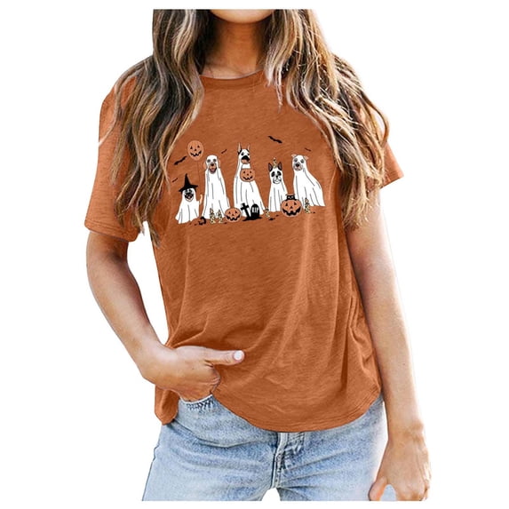 Glisme Halloween Shirt For Women Cute Ghost Print Short Sleeve Round Neck Tees Party Breathable Women T-Shirt Size XL Orange