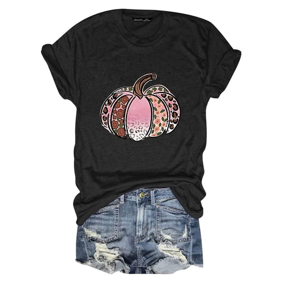 Glisme Halloween Shirt For Women Pumpkin Print Short Sleeve Round Neck Tees Party Breathable Women T-Shirt Size L Black