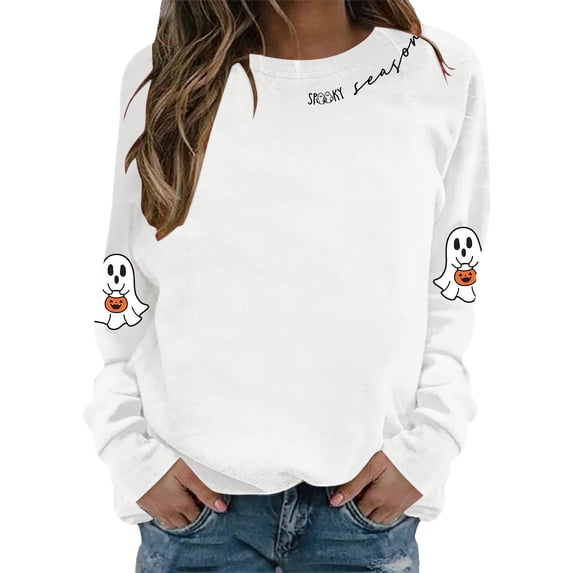 Glisme Halloween Sweatshirt For Women Cute Graphic Print Long Sleeve Round Neck Autumn Daily Tops Women Cozy Sweatshirts