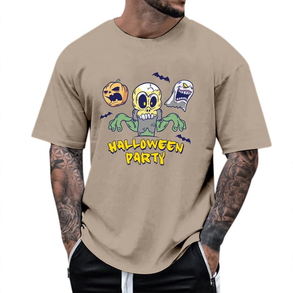 Glisme Halloween T Shirt For Men Graphic Print Short Sleeve Round Neck Shirt Party Cozy Soft Men Tees Size 2XL Khaki