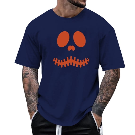Glisme Halloween T Shirt For Men Pumpkin Face Graphic Short Sleeve Round Neck Shirt Party Cozy Soft Men Tees Size 3XL Dark Blue