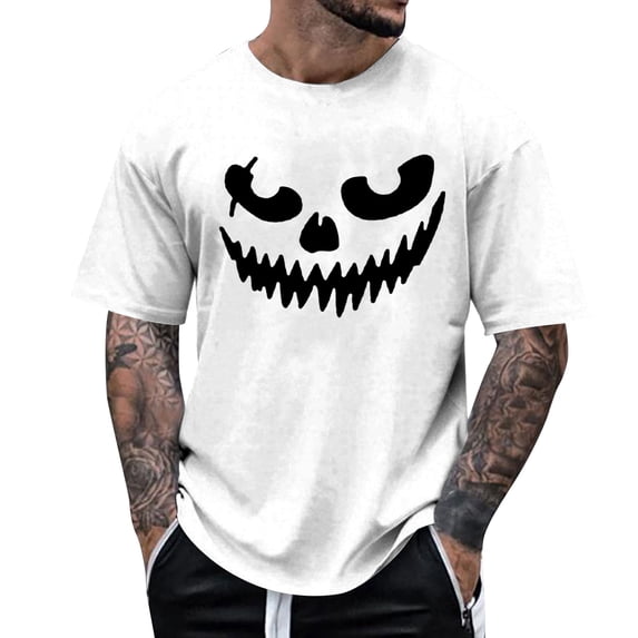 Glisme Halloween T Shirt For Men Pumpkin Face Graphic Short Sleeve Round Neck Shirt Party Cozy Soft Men Tees Size XL White
