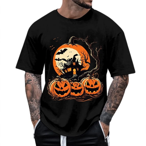 Glisme Halloween T Shirt For Men Pumpkin Print Short Sleeve Crew Neck Shirt Party Cozy Soft Men Tees Size 2XL Black