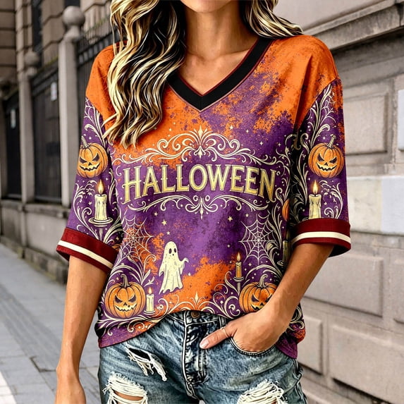 Glisme Halloween T Shirts For Womens V Neck Blouses Short Sleeve ...
