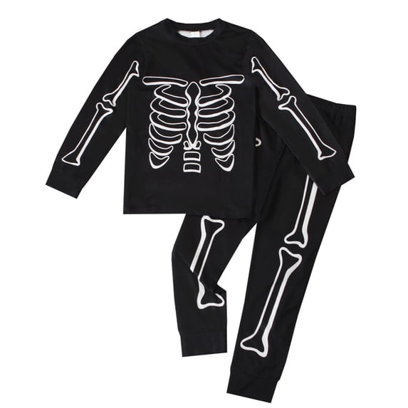 Glisme Halloween Toddler Boys Outfit Set Simple Skull Print Long Sleeve Crew Neck Sweatshirt With Pants Set Boys Autumn Daily Comfortable Outfit Size 2-3 Years Black