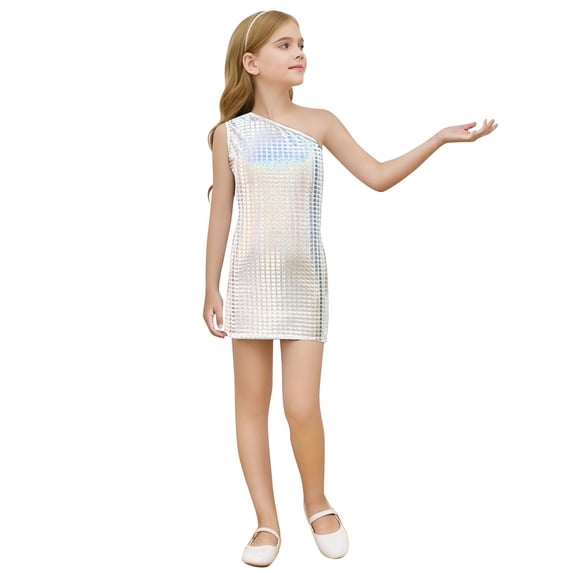 Glisme Halloween Toddler Girls Dress Sequins One-Shoulder Boat Neck Party Dresses For Girls Size 3-4 Years