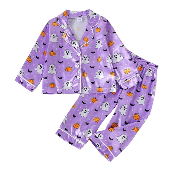 Glisme Halloween Toddler Girls Outfit Set Pumpkin Ghost Print Long Sleeve Spread collar Romper With Pants Set Girls Autumn Daily Breathable Outfit Size 3-4 Years Purple
