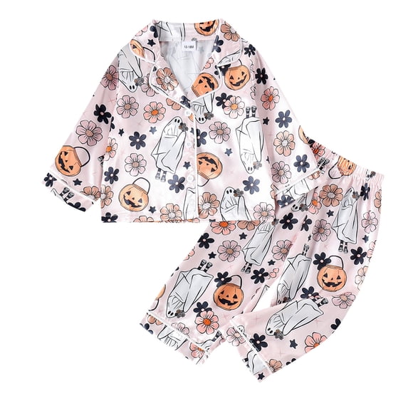Glisme Halloween Toddler Girls Outfit Set Pumpkin Ghost Print Long Sleeve Spread collar Romper With Pants Set Girls Autumn Daily Comfortable Outfit Size 4-5 Years Pink
