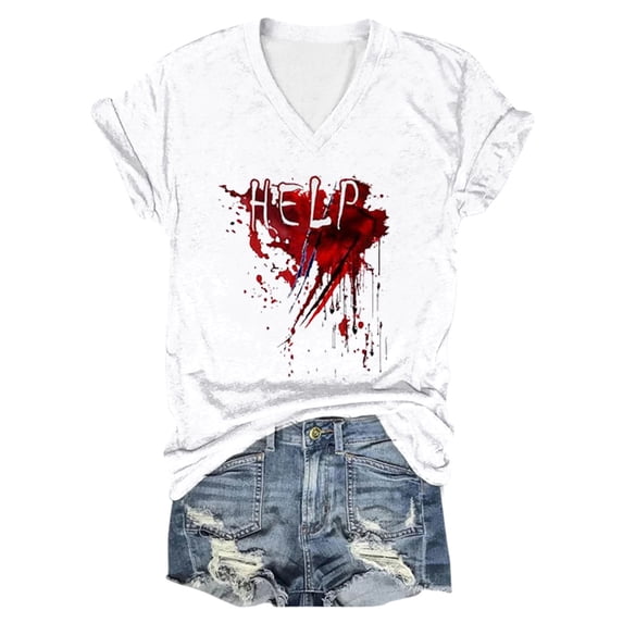 Glisme Women's Halloween T-Shirts Letter Print Short Sleeve V-Neck Tops Party Casual Women Tees