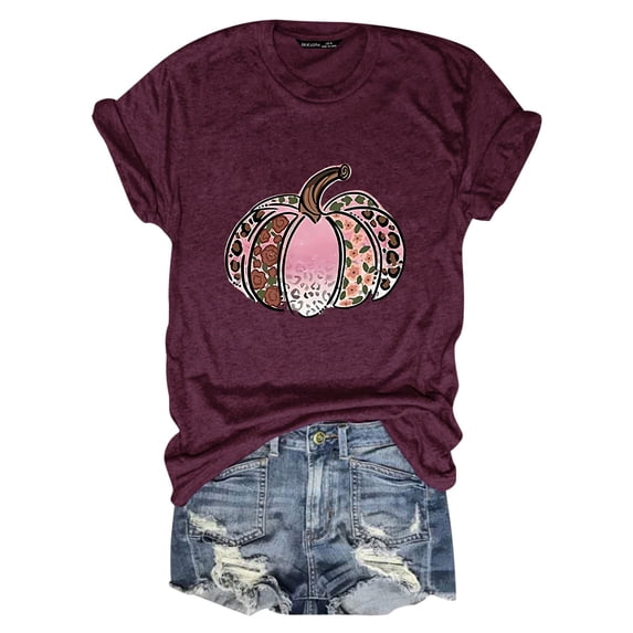 Glisme Women's Halloween T-Shirts Pumpkin Print Short Sleeve Round Neck Tops Party Casual Women Tees