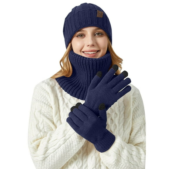 Glisme Hat Gloves Scarf Set Knitted Hat And Scarf 2 Piece Set Unisex Large Head Suitable For Thickened Winter Snowflake Warm Hat Cold Resistant Accessories Navy