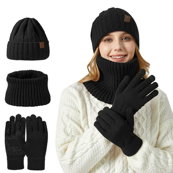 Glisme Hat Gloves Scarf Set Knitted Hat And Scarf 2 Piece Set Unisex Large Head Suitable For Thickened Winter Snowflake Warm Hat For Cold Weather Black