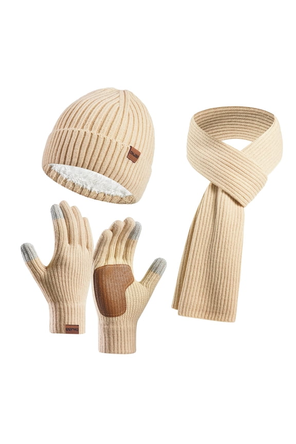 Hat Gloves Scarf Set Winter Women'S Wool Plus Leather Non Slip Hat Scarf Gloves 3 Piece Set For Cold Weather Beige