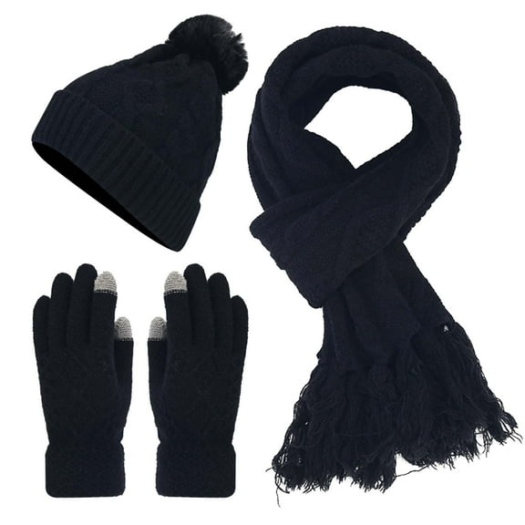 Glisme Hat Gloves Scarf Set Women'S Fashion Casual Solid Color Knitted Warm Woolen Hat Scarf And Gloves 3 Piece Set For Fashionable Accessory Black