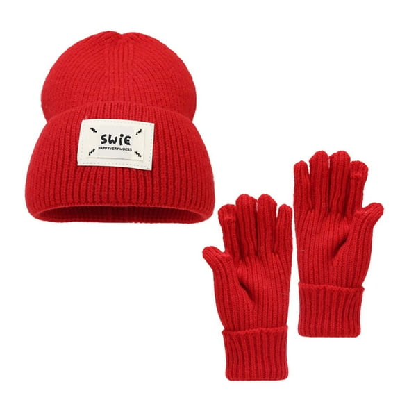 Glisme Hat Gloves Set Women'S Winter Warm Solid Color Letter Woolen Knitted Hat And Gloves 2 Piece Set Cold Resistant Accessories Red